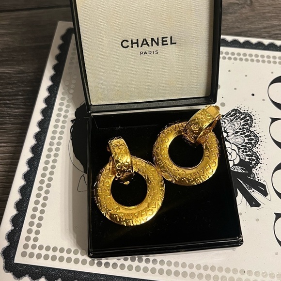 Chanel Vintage 'CHANEL' Gold Clip On Hoop Earrings